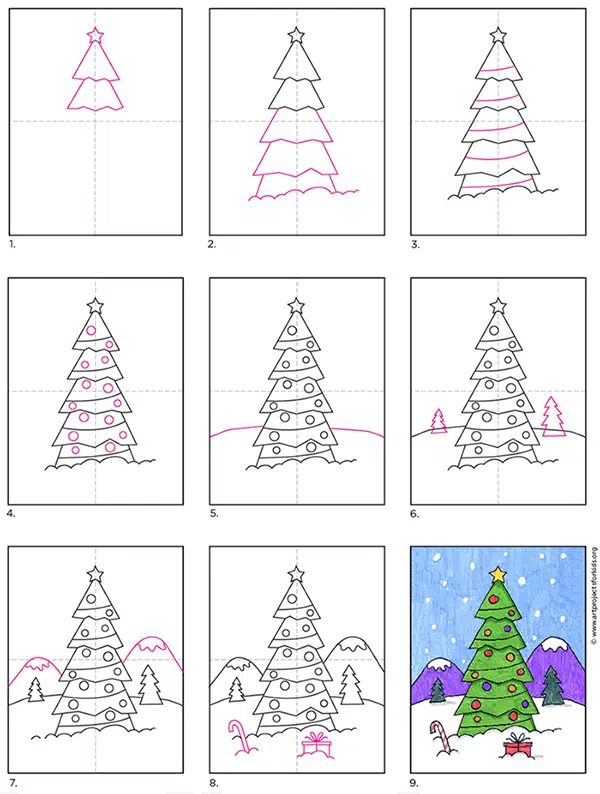 TUTORIAL: ¿Cómo dibujar un árbol de Navidad y colorear el árbol de Navidad?  - Aprende, Practica y Dibuja Fácil